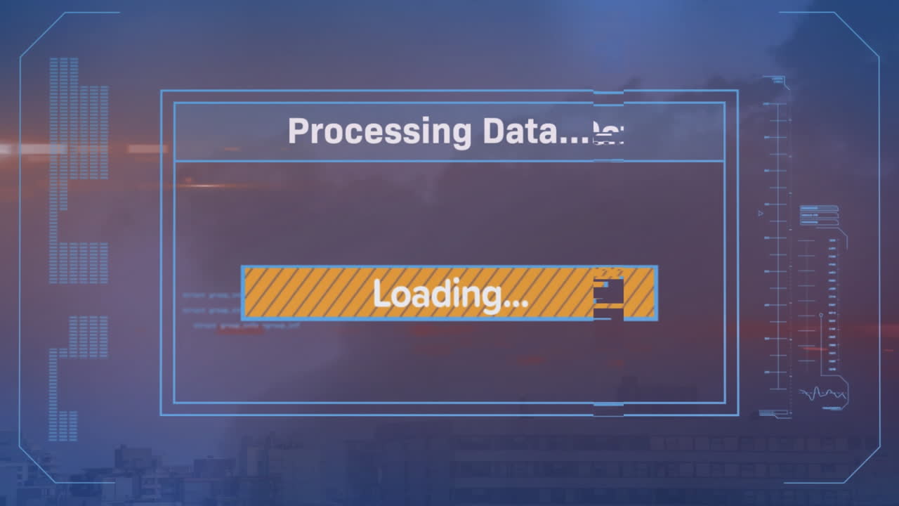 Animation of texts and loading bar over modern cityscape against sky