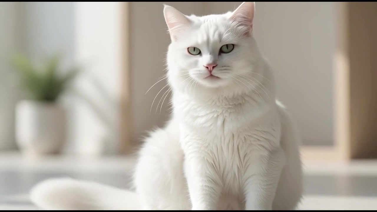 Lindo gato branco se limpando em um cômodo claro