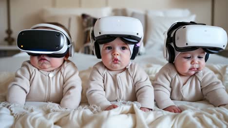 three babies wearing vr headsets sitting on a bed