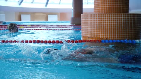 people swimming in an indoor pool