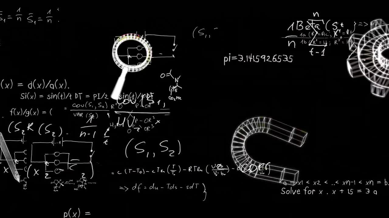 animación de íconos sobre ecuaciones matemáticas en fondo negro