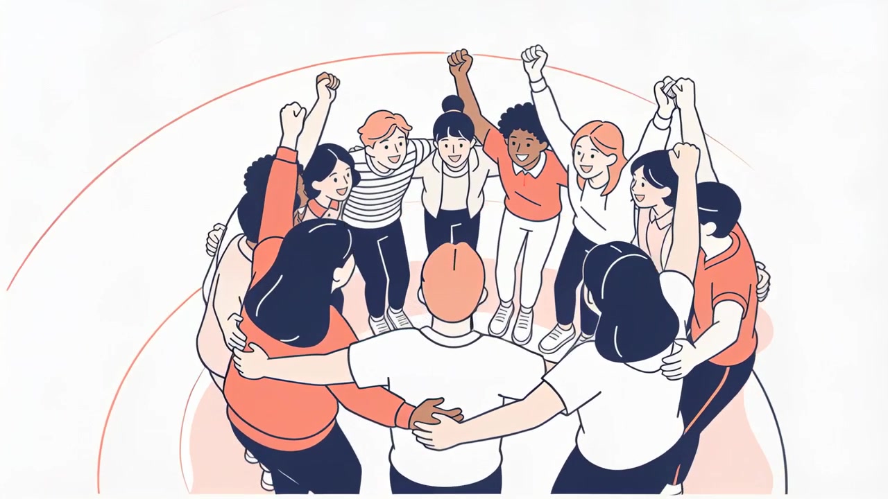Cheering teammates in casual tops linking arms, stepping inward, raising fists on concentric rings