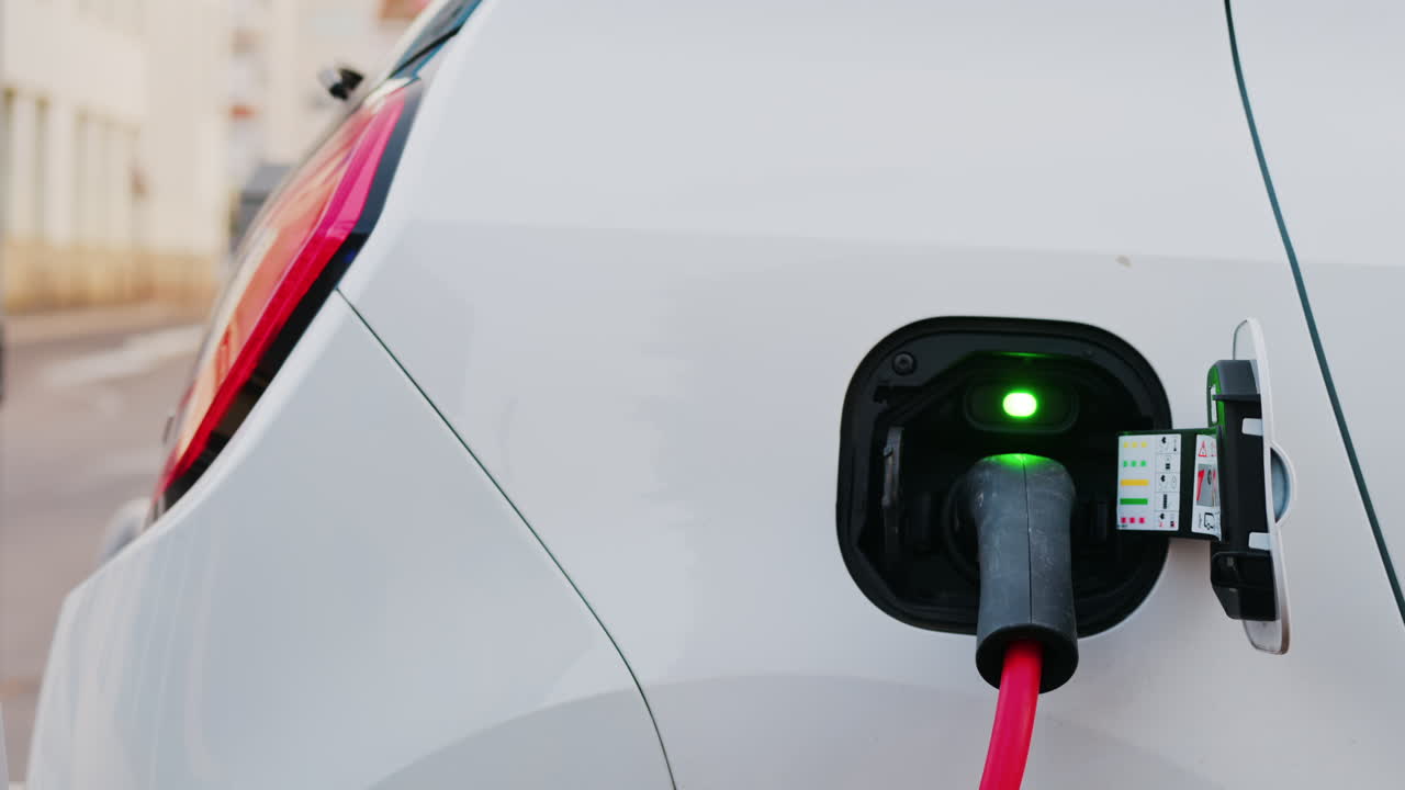Beyaz bir arabaya takılı bir elektrikli araba şarj cihazının yakın çekimi