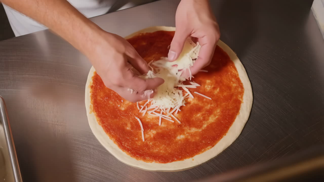 Mani che aggiungono formaggio alla pizza