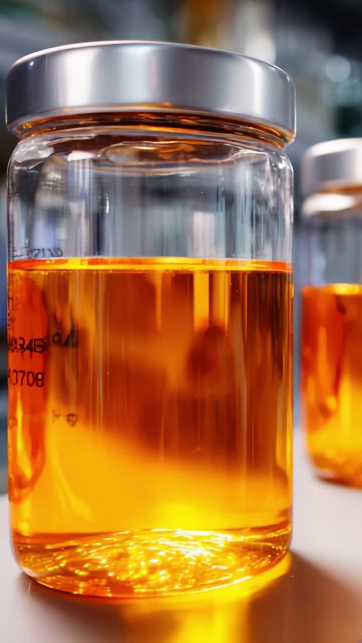 Primo piano di barattoli di vetro trasparente pieni di liquido arancione intenso, che mostra colori e texture brillanti in condizioni di illuminazione da laboratorio