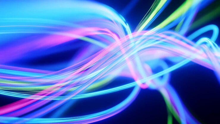 Colorful Neon Ribbon Trails Flowing Smoothly, Silky Multicolor Strands Weaving Through Dark Space