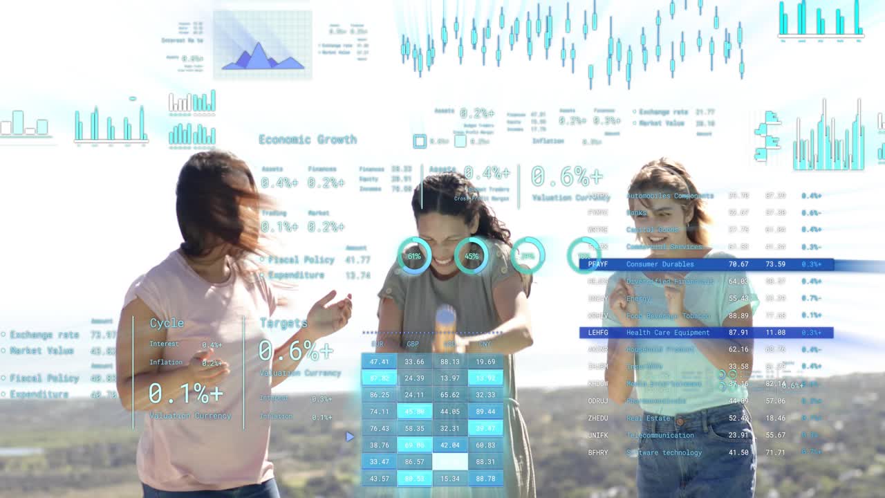 3 women showing cylinder on sunny hill, clapping and celebrating while analytics overlaying charts