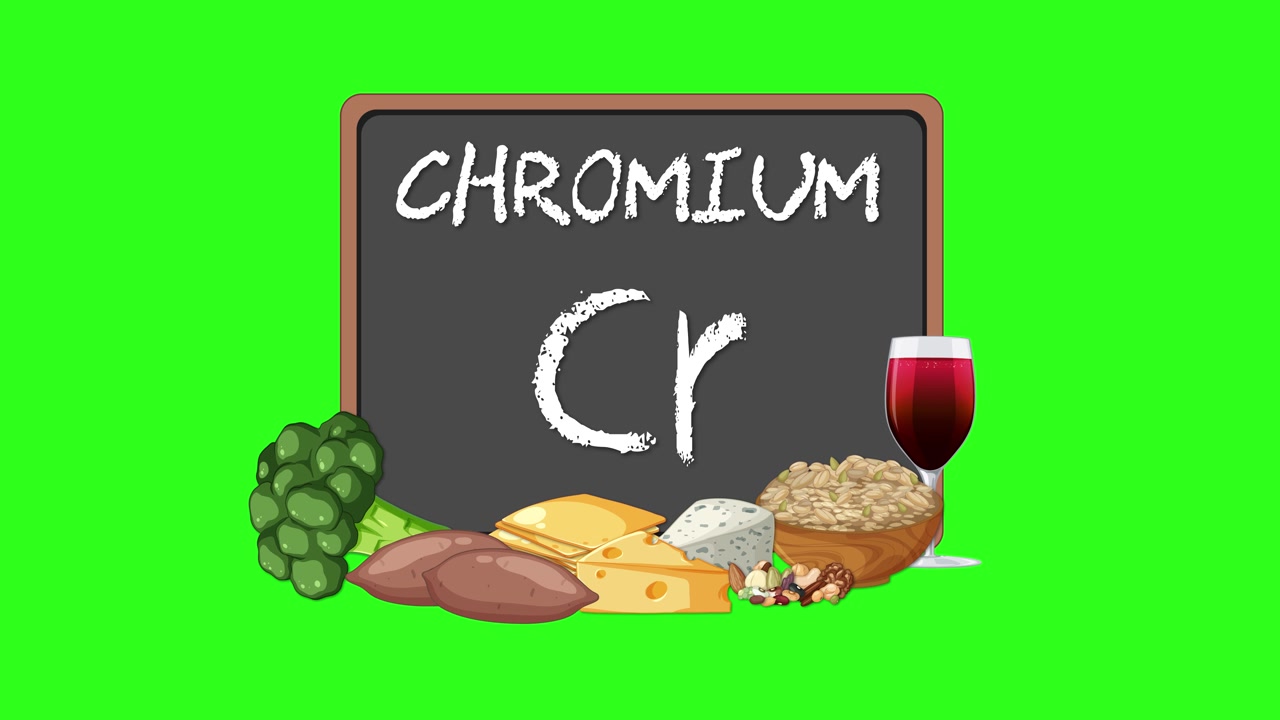 Lavagna animata con il simbolo del cromo circondato da alimenti sani ricchi di cromo su schermo verde