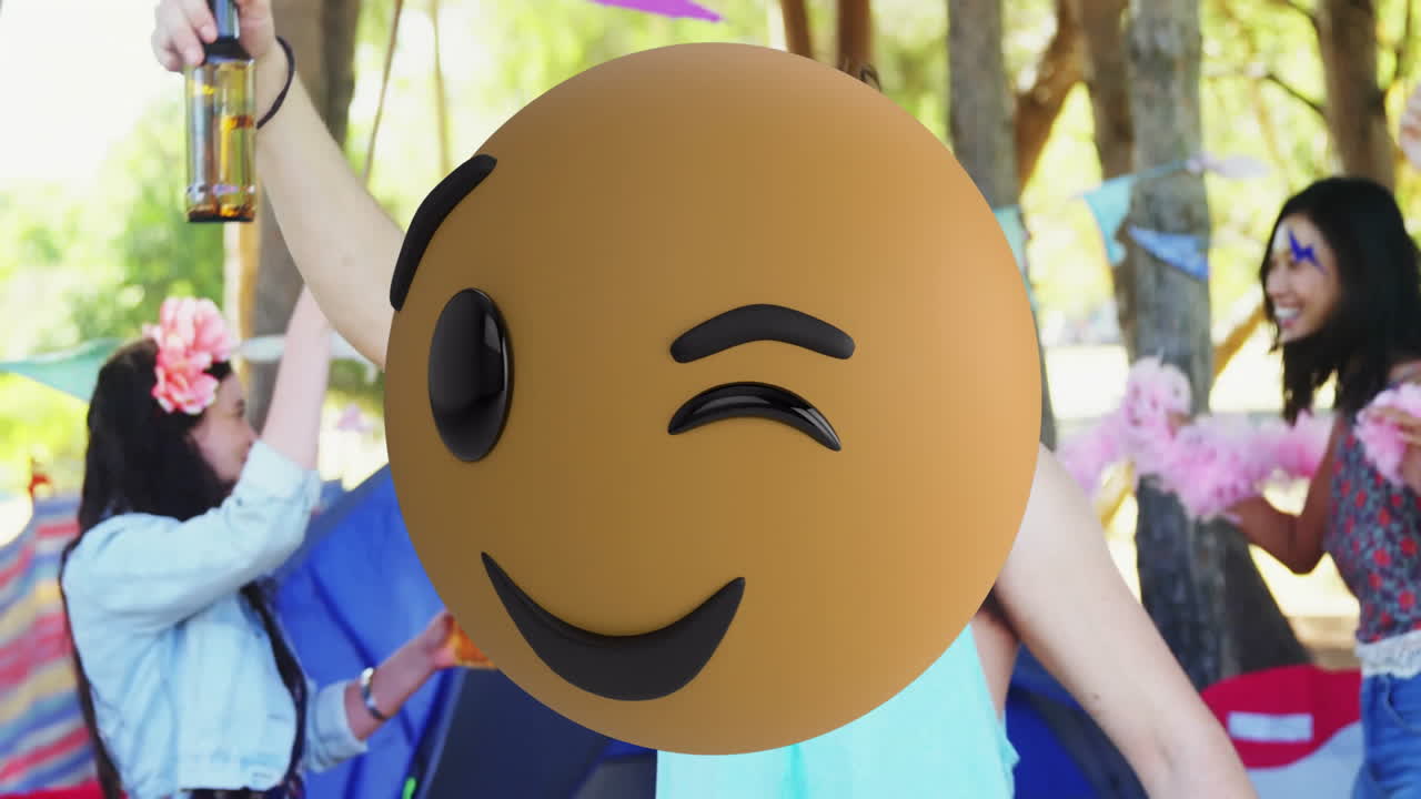 Celebrating outdoors, people with tents and colorful decorations, animation overlay