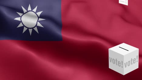 ballots fly to box for taiwan selection - ballot box in front of flag - election - vote - flag of taiwan - taiwan flag high detail - national flag taiwan wave pattern loopable elements - fabric texture and endless loop