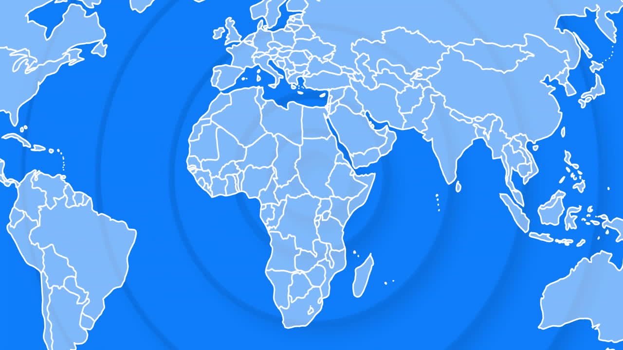 animación del mapa del mundo con fronteras de países sobre fondo azul con círculos concéntricos