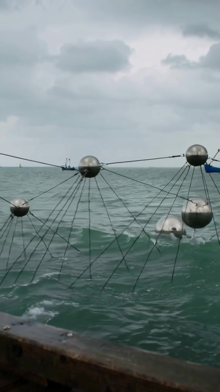 Video vertical: Flotadores brillantes meciéndose con las olas, tensando cuerdas y manteniendo una red a flote desde la barandilla de un barco.