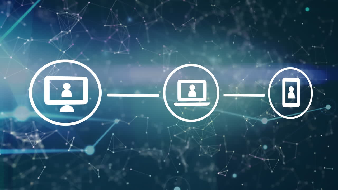 Animation of tech icons and network of connections over sky