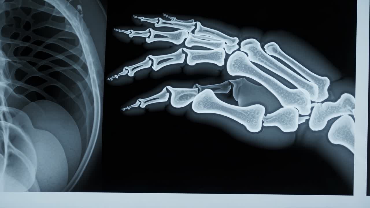 Close-up video still of X-ray images showing a hand and chest