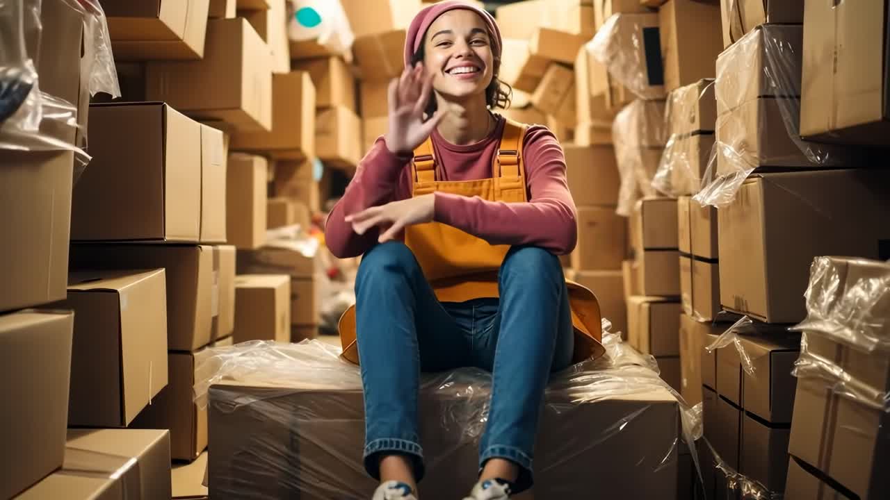 A joyful worker sits on boxes in a warehouse, surrounded by packages
