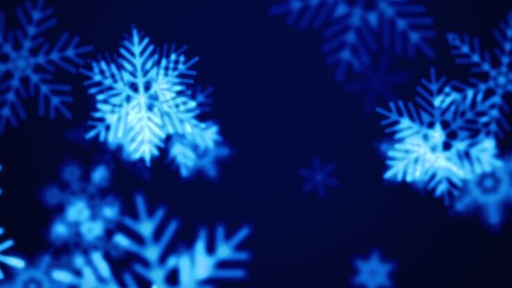 Radiant blue snowflakes illuminate a black canvas