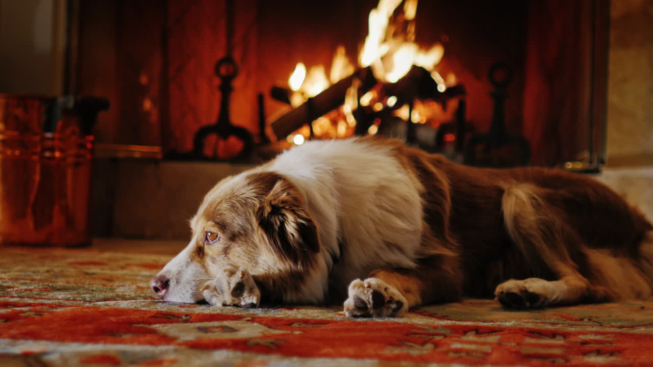 벽난로 근처의 아늑한 집에 누워 있는 개