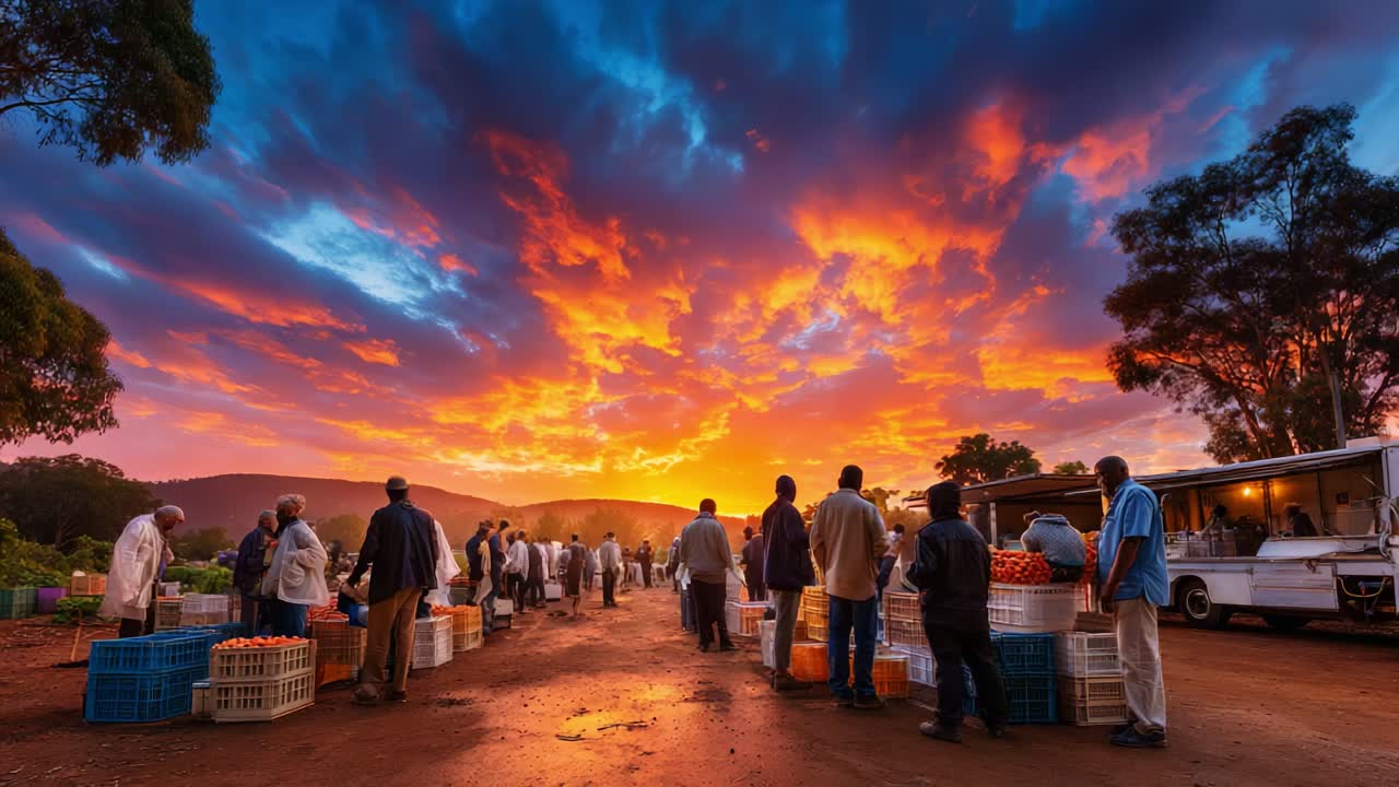 A Stunning Sunset Over a Rural Market Scene: Vendors and Customers Gather Amidst Bountiful Baskets of Produce as Vibrant Colors Illuminate the Sky in the Late Evening