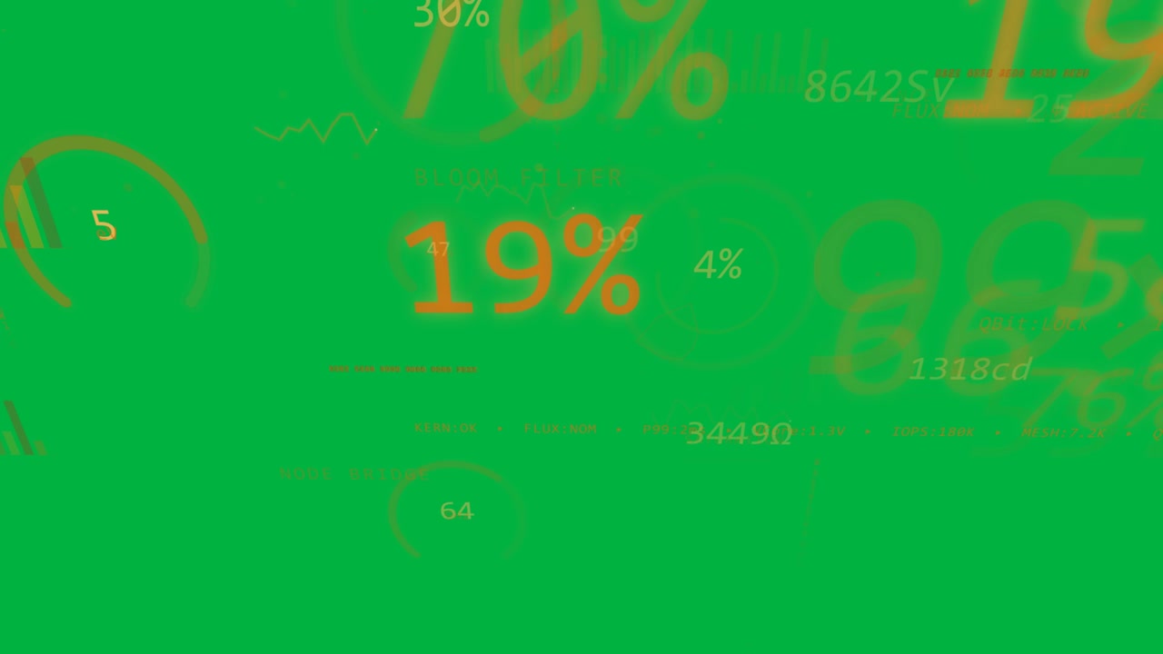 Orange HUD kommer ind fra højre, bevæger sig mod venstre, overfylder diagrammer på gennemsigtig base, der viser data