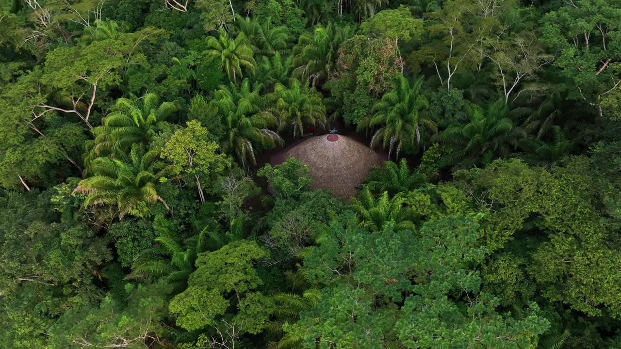 vista aérea de drones de la cabaña de la selva en la amazonia, rodeada de árboles, ríos, clima tropical, animales salvajes, lluvia en el bosque