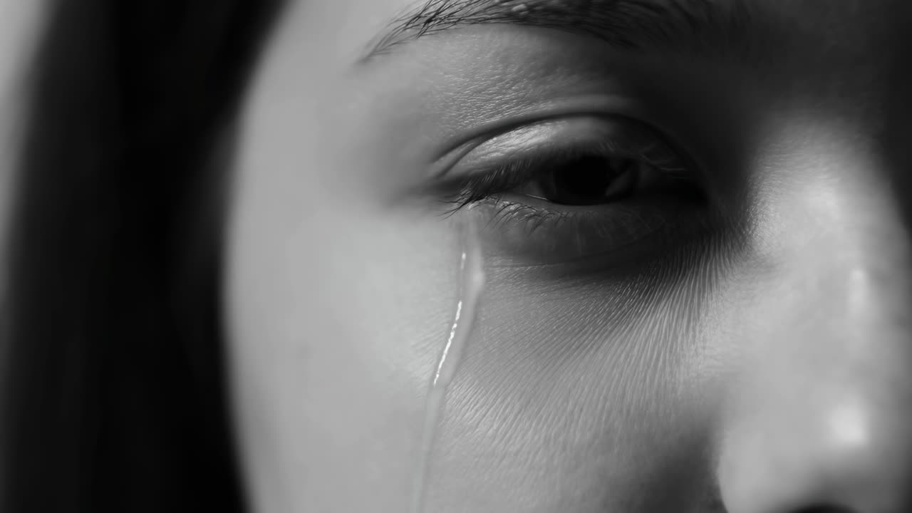 한 줄기 눈물을 흘리는 젊은 여성의 클로즈업. 뺨을 따라 천천히 흐르는 눈물 자국이 돋보이는 미묘하고 강렬한 흑백 초상화.