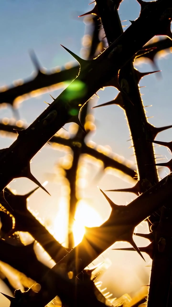Video verticale: Creazione di un effetto starburst che si muove attraverso le spine al tramonto, con il sole basso che proietta una luce di contorno sulle spine.
