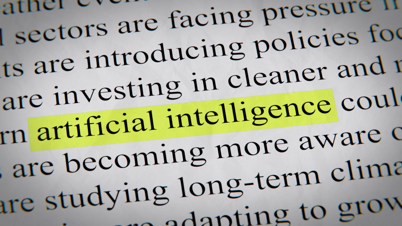 Minimal cinematic of artificial intelligence text animation designed for documentary, economic, technology, and news-related storytelling.