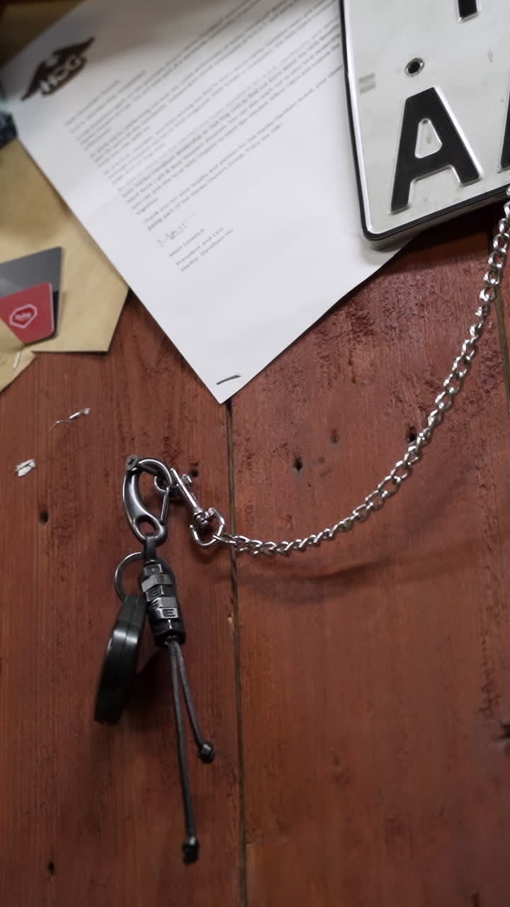 Person holding a chain on a wooden wall