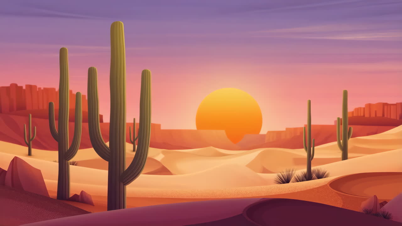 Desert Landscape with Cacti at Sunset