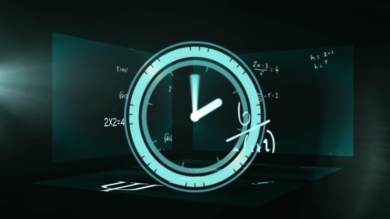 animación del reloj sobre ecuaciones matemáticas en pantallas sobre fondo verde