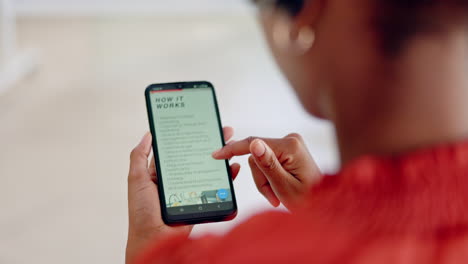manos, teléfono y mujer en el sitio web para el mercado