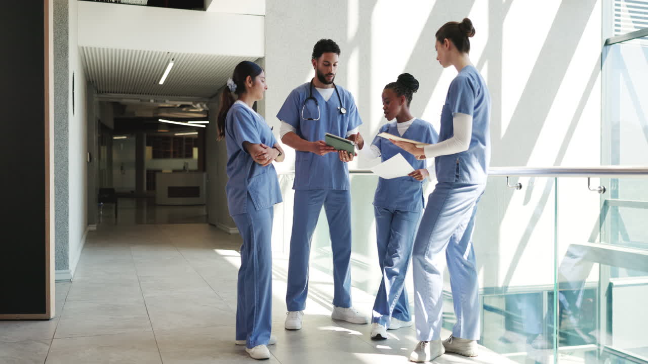 Healthcare Team Collaborating in Modern Hospital Corridor
