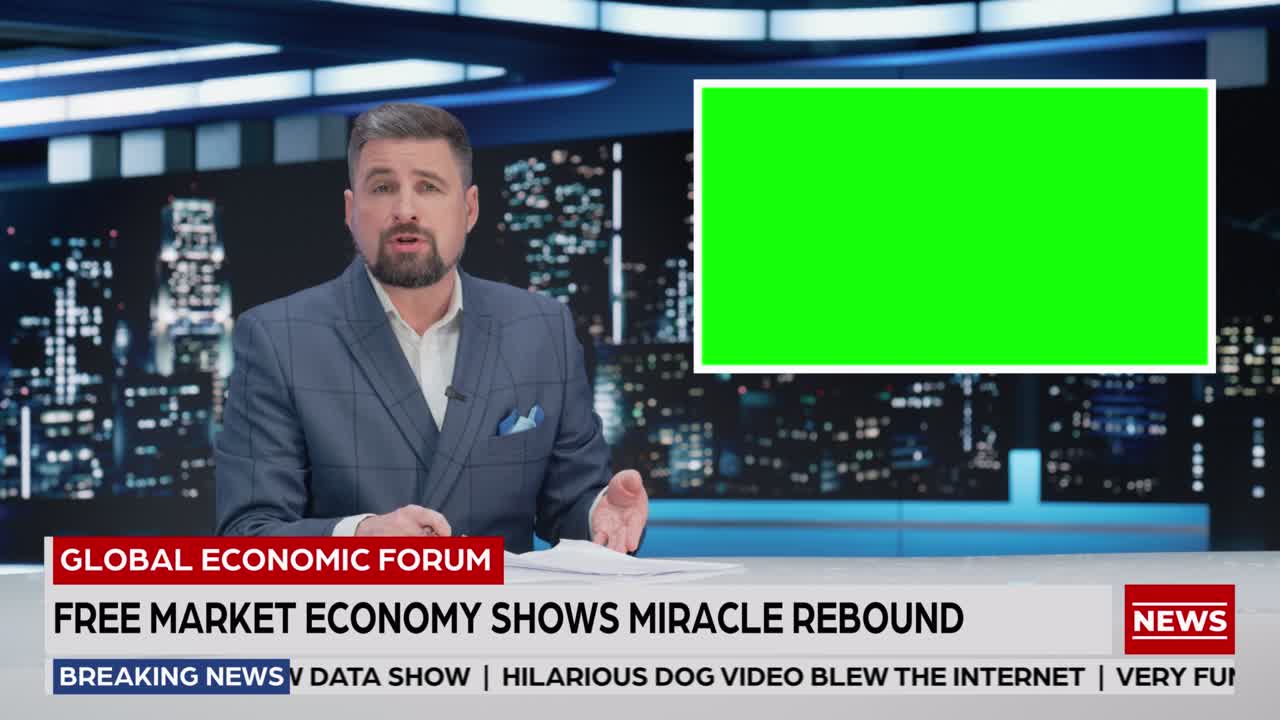 Late Night TV Talk Show Live News Program: Anchorman Presenter Reporting, Uses Green Screen Template. Television Cable Channel Anchorman Host Talks. Network Broadcast Newsroom Studio Mockup Playback