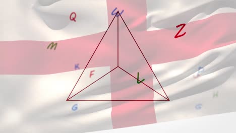 animación de la bandera de inglaterra soplando sobre el triángulo y el procesamiento de datos alfabéticos