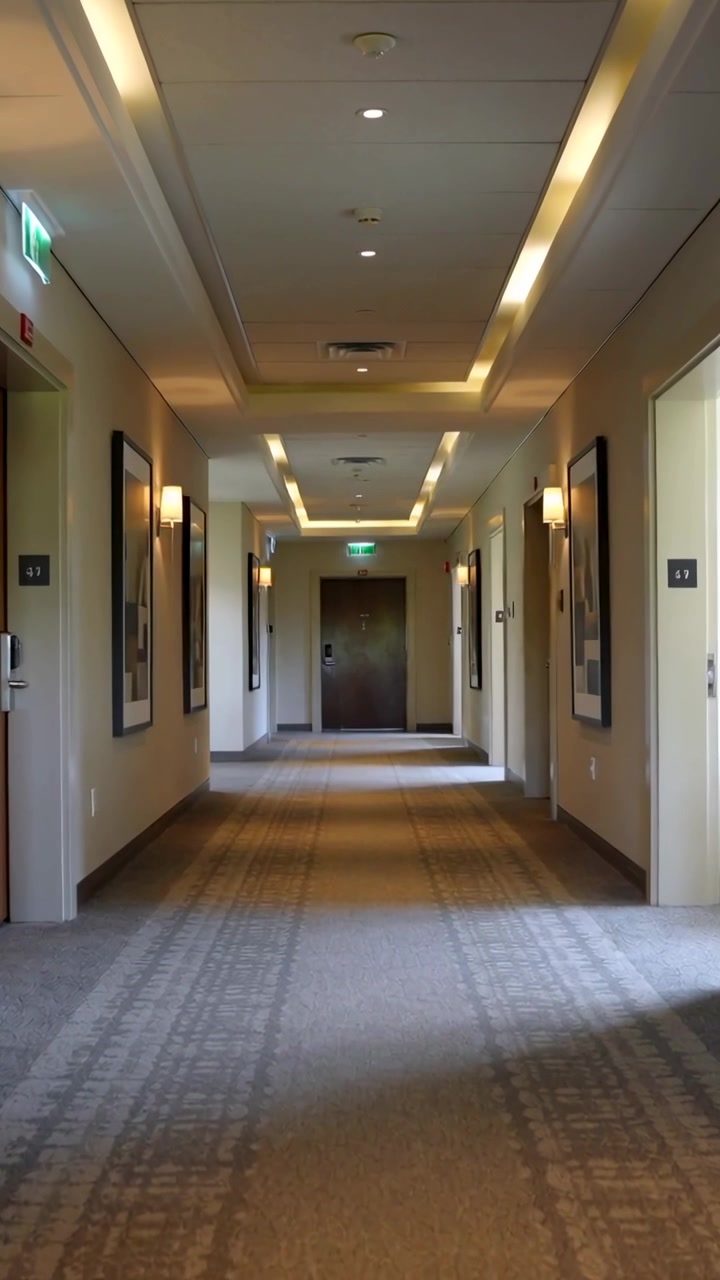 Video verticale: Telecamera che avanza lungo il corridoio di un hotel, mostrando un tappeto passatoia per rivelare un'insegna di uscita