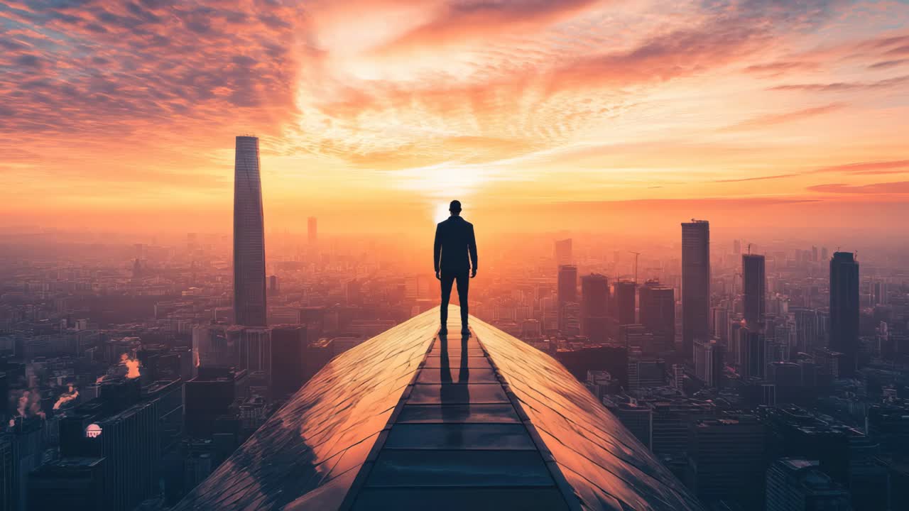 Man Standing on Rooftop at Sunrise over a City