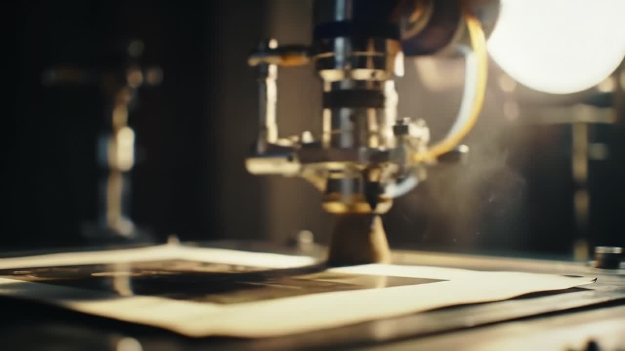 A detailed laser cutting process occurs in a workshop. The machine smoothly and precisely carves intricate designs into the material, showcasing advanced technology and craftsmanship.