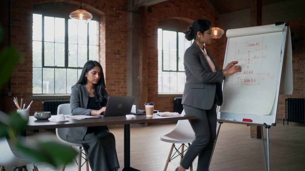 Discussing idea in loft office, pair in blazers moving from laptop to flip chart, writing diagram