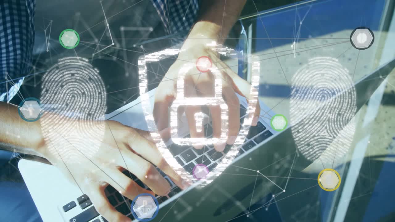 Hands resting, typing initiating animated security overlay, showing padlock shield securing laptop