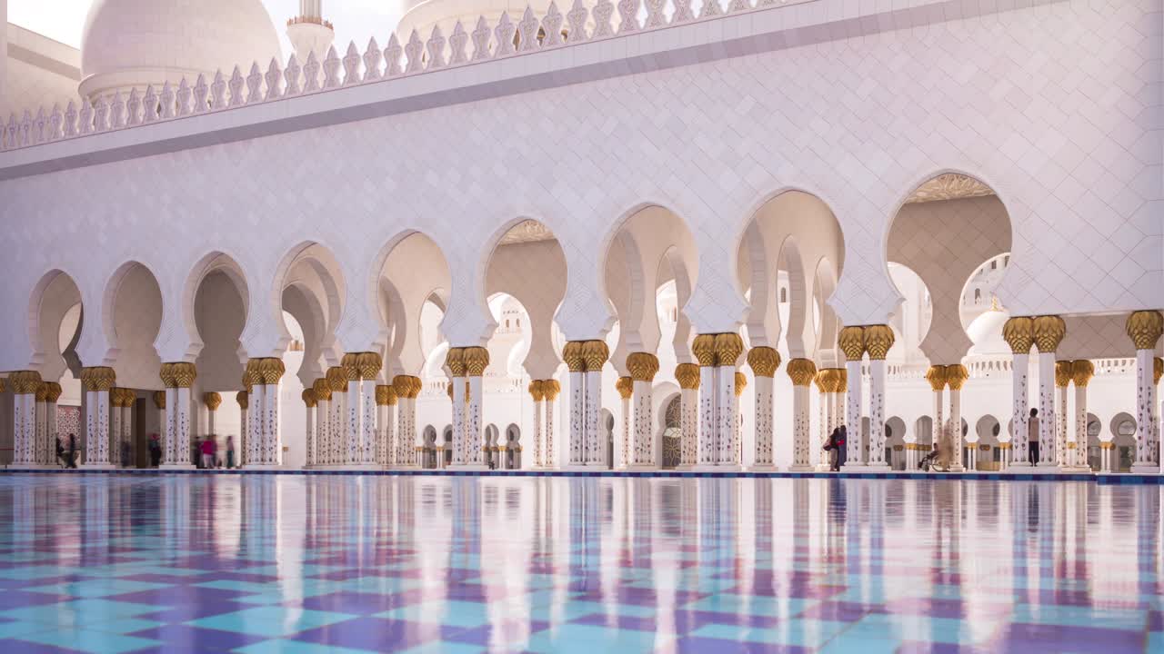 luz soleada abu dhabi gran mezquita fuente fachada delantera 4k lapso de tiempo uae