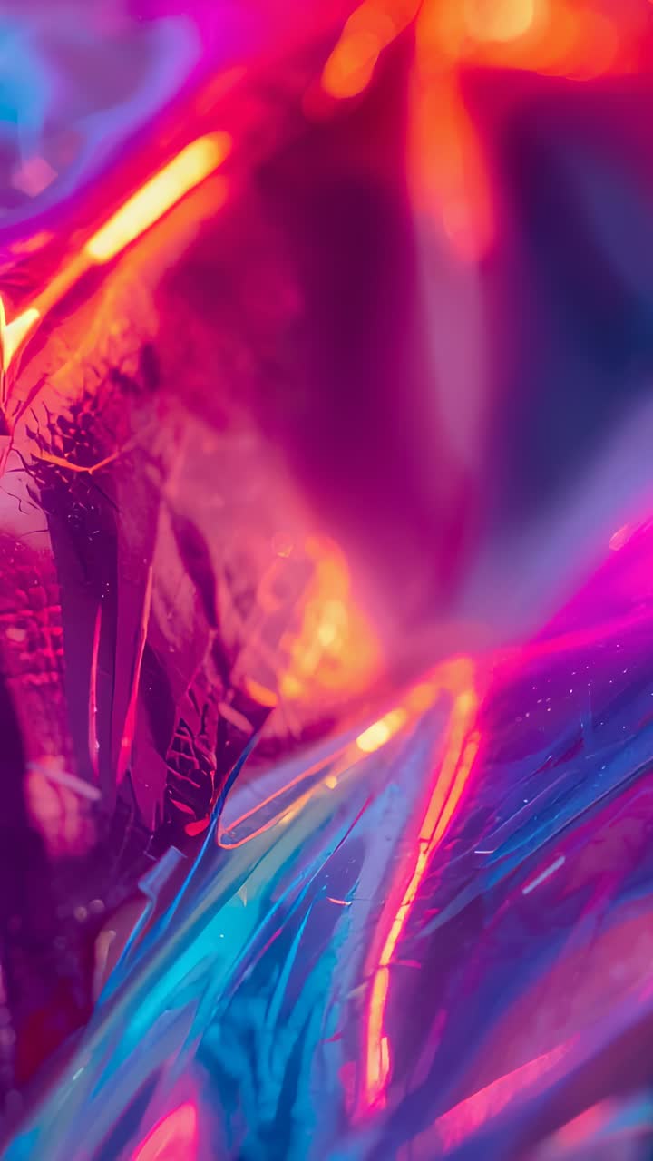 Vídeo vertical: luzes em movimento destacando um lençol iridescente amassado com poeira rosa, dourada e azul no set