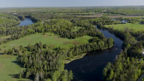 High birds eye view over a canadian forestal landscape, a river meandering through it all