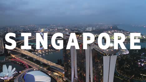 tomada de avión no tripulado del horizonte y la orilla del mar al anochecer superpuesta con gráficos animados que deletrean singapur