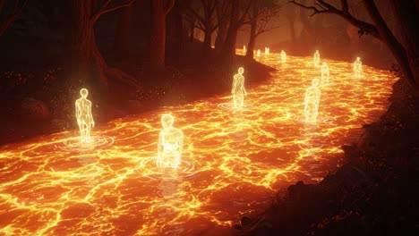 surreal scene of transparent figures gliding through a flowing river of lava, surrounded by a dense forest, illuminated by an otherworldly glow and mystical atmosphere