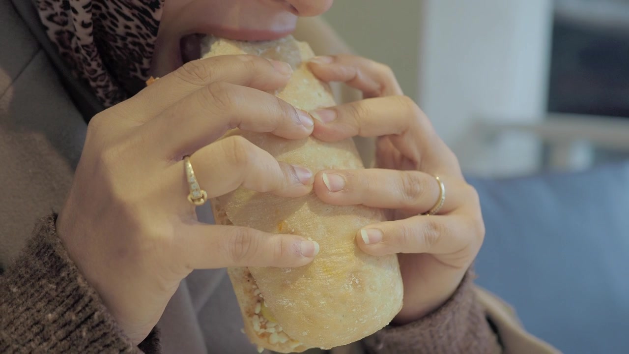 Close-up of Hands Holding and Eating a Sandwich