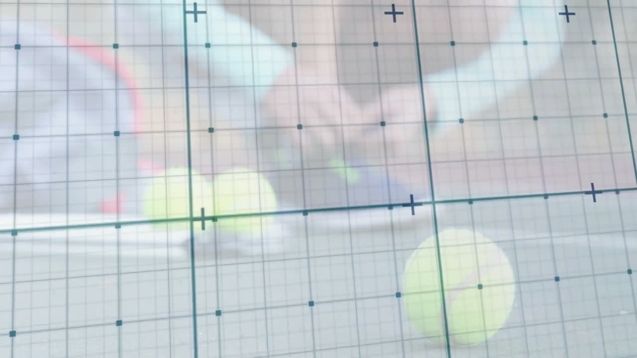 woman tennis player swinging racket on court, showing neon balls floating in sports analytics grid