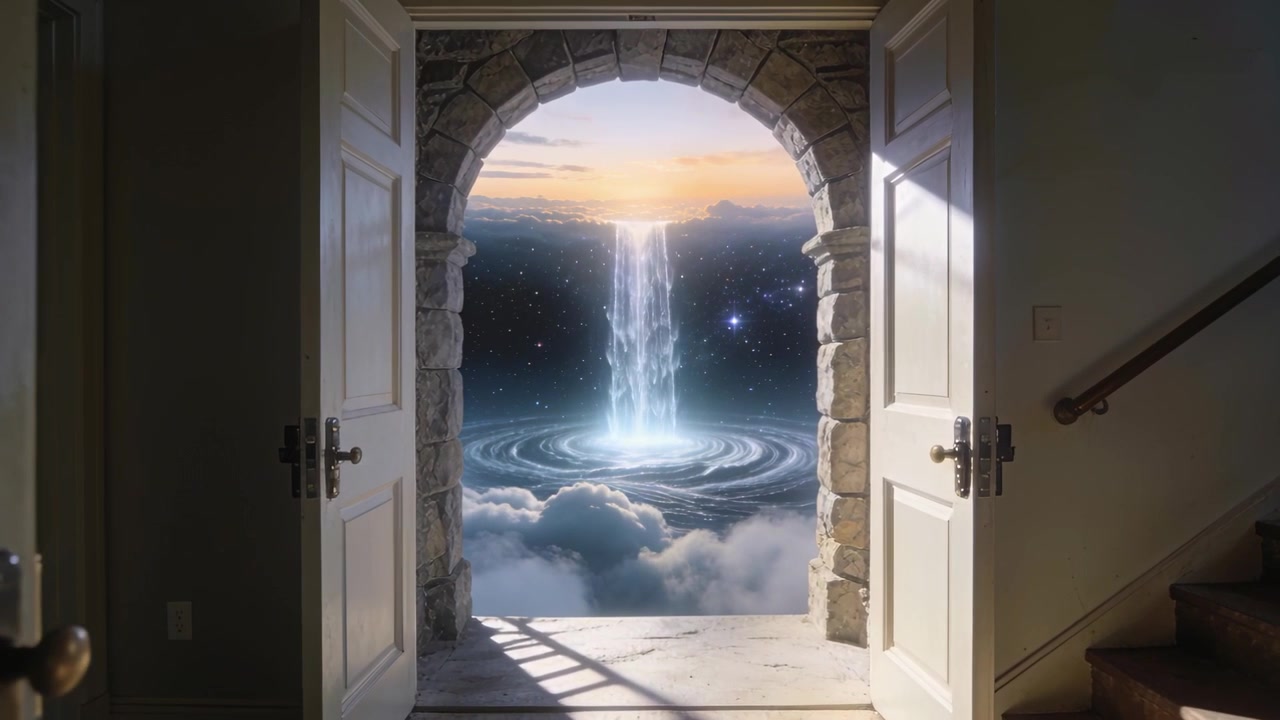 Porte che si aprono rivelano un portale ad arco da cui sgorga una cascata luminosa in un vortice nell'atrio, con una scalinata.