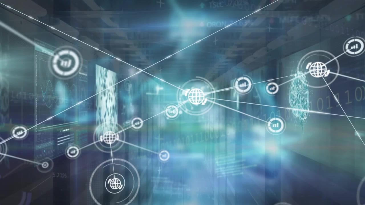 Animation of network of digital icons over multiple screens with data processing on blue background