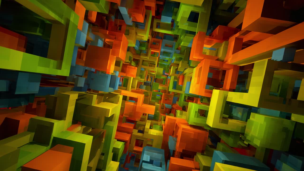 A Vibrant, Abstract Journey Through a Multicolored Tunnel of Geometric Shapes and Cube Structures, Where Bright Colors Intertwine to Create a Stunning Visual Experience