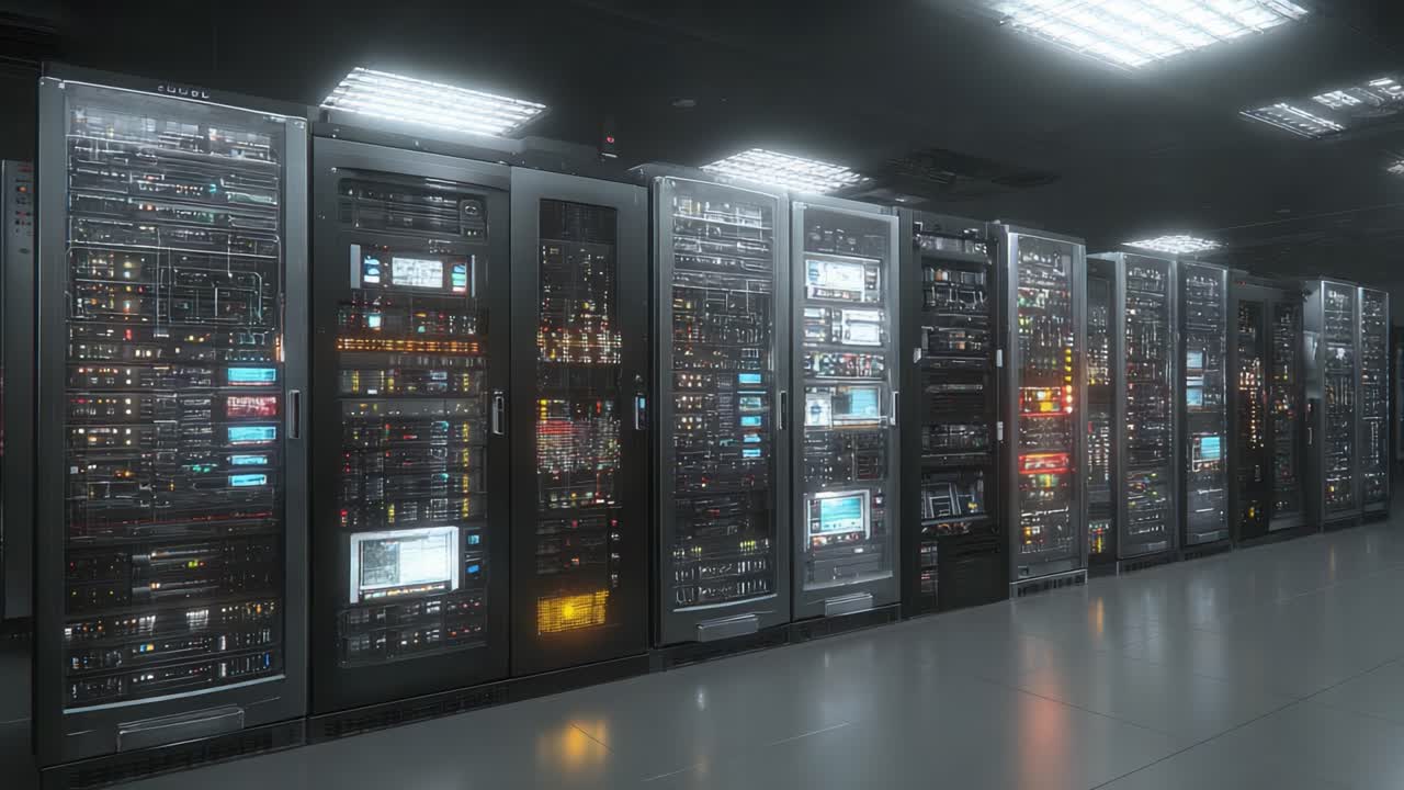 Intricate Array of High-Tech Server Racks Showcasing Advanced Data Processing Equipment and Cutting-Edge Networking Technologies in a Modern Data Center Environment